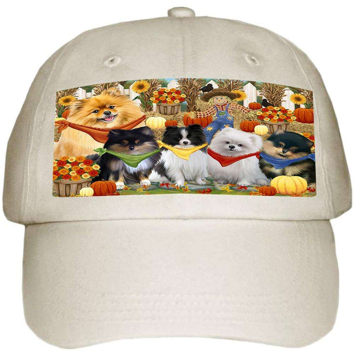 Fall Festive Gathering Pomeranians Dog with Pumpkins Ball Hat Cap HAT56112