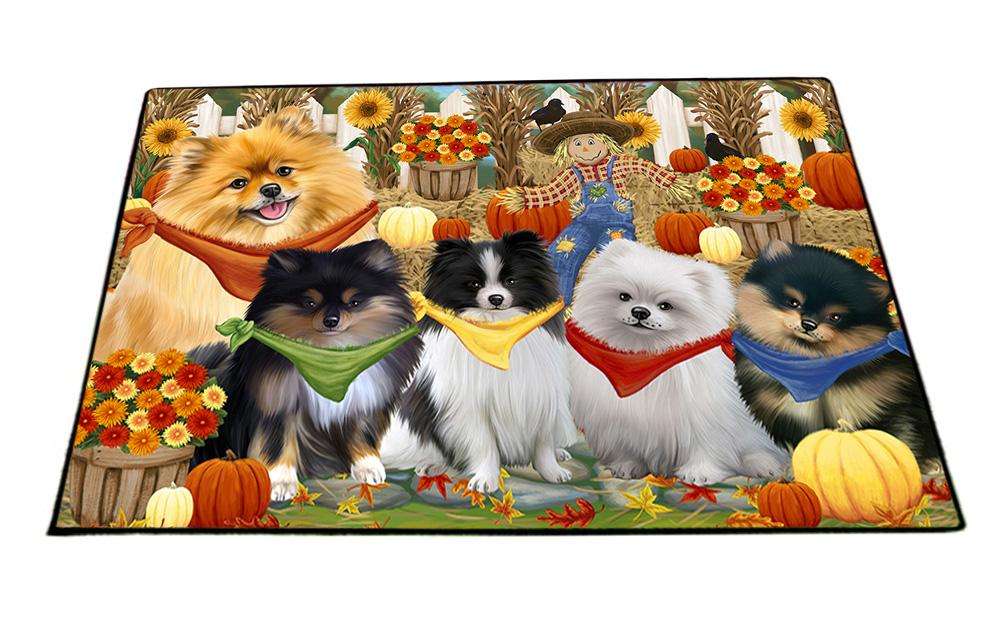 Fall Festive Gathering Pomeranians Dog with Pumpkins Floormat FLMS50766
