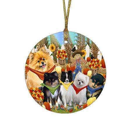 Fall Festive Gathering Pomeranians Dog with Pumpkins Round Flat Christmas Ornament RFPOR50772