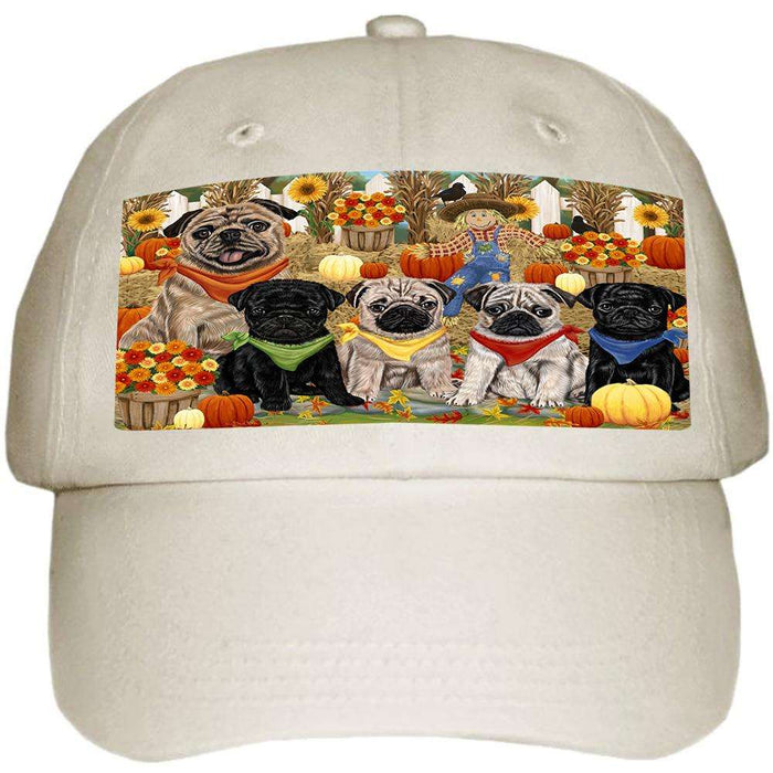 Fall Festive Gathering Pugs Dog with Pumpkins Ball Hat Cap HAT56118
