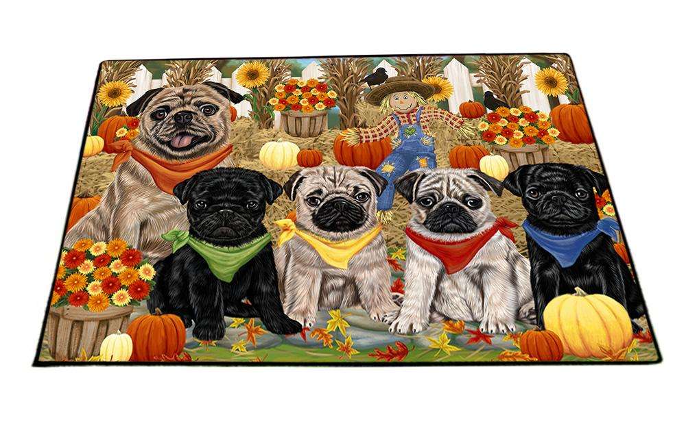 Fall Festive Gathering Pugs Dog with Pumpkins Floormat FLMS50772