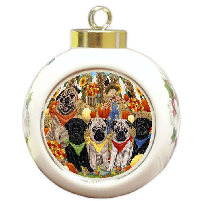 Fall Festive Gathering Pugs Dog with Pumpkins Round Ball Christmas Ornament RBPOR50783