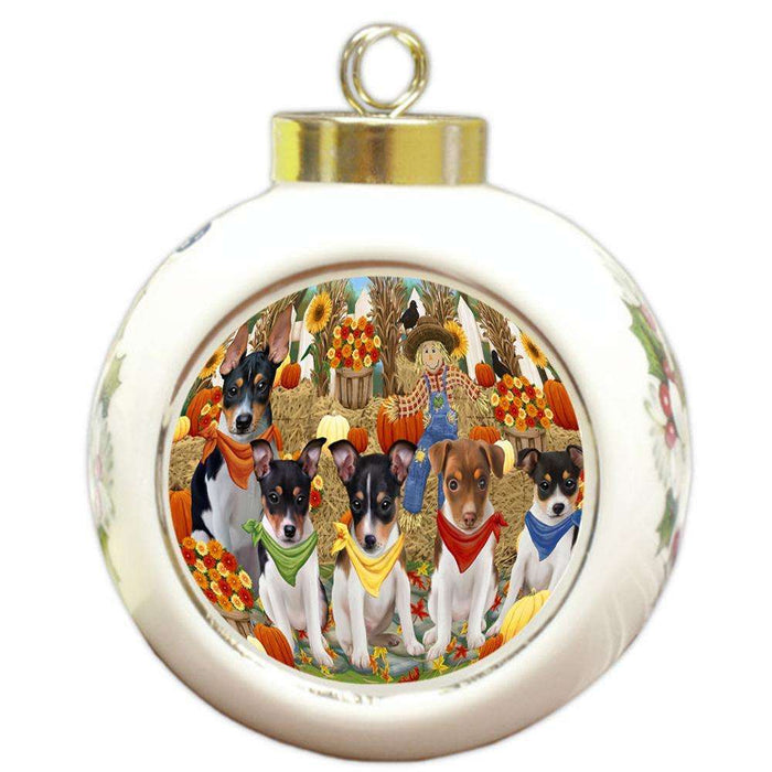 Fall Festive Gathering Rat Terriers Dog with Pumpkins Round Ball Christmas Ornament RBPOR50784