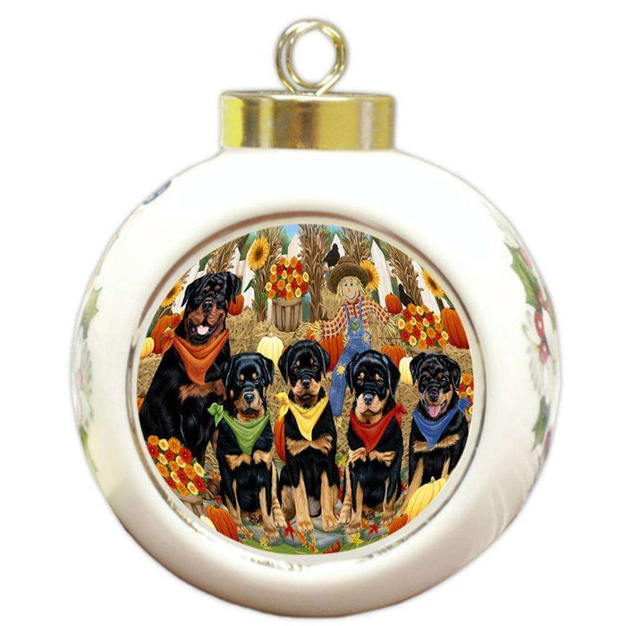 Fall Festive Gathering Rottweilers Dog with Pumpkins Round Ball Christmas Ornament RBPOR50786
