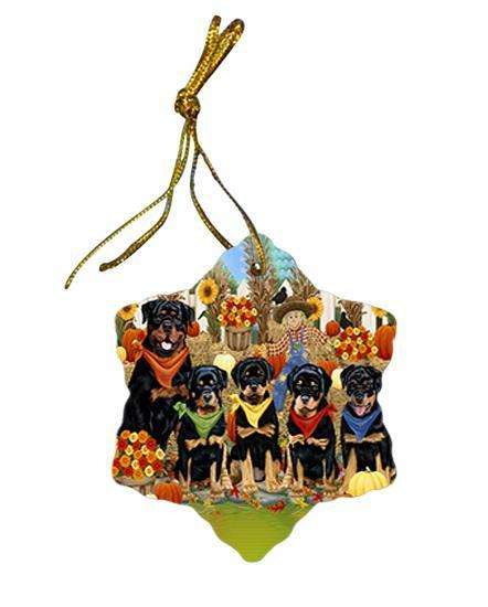 Fall Festive Gathering Rottweilers Dog with Pumpkins Star Porcelain Ornament SPOR50778