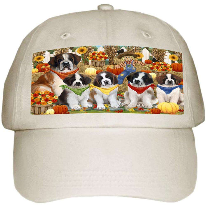 Fall Festive Gathering Saint Bernards Dog with Pumpkins Ball Hat Cap HAT56130