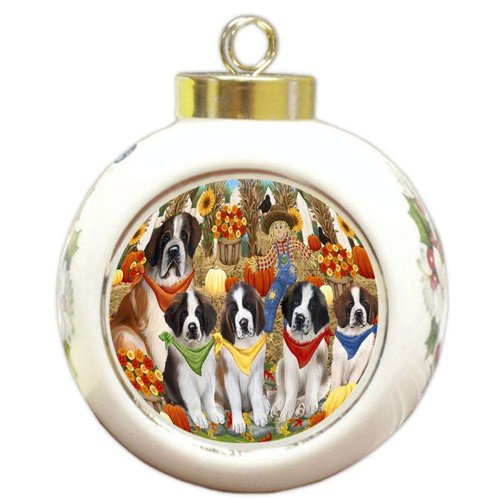 Fall Festive Gathering Saint Bernards Dog with Pumpkins Round Ball Christmas Ornament RBPOR50787