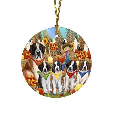 Fall Festive Gathering Saint Bernards Dog with Pumpkins Round Flat Christmas Ornament RFPOR50778