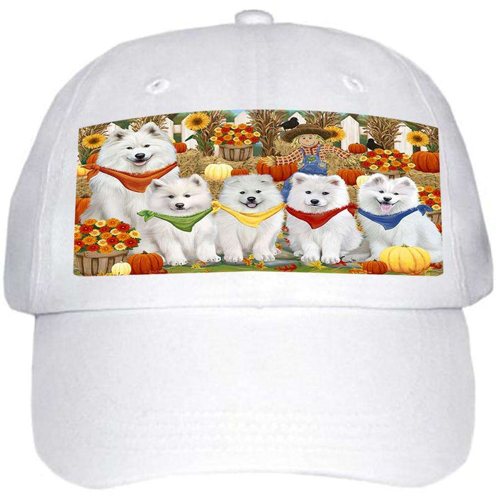 Fall Festive Gathering Samoyeds Dog with Pumpkins Ball Hat Cap HAT56133