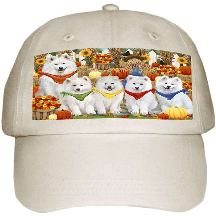 Fall Festive Gathering Samoyeds Dog with Pumpkins Ball Hat Cap HAT56133