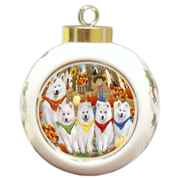 Fall Festive Gathering Samoyeds Dog with Pumpkins Round Ball Christmas Ornament RBPOR50788