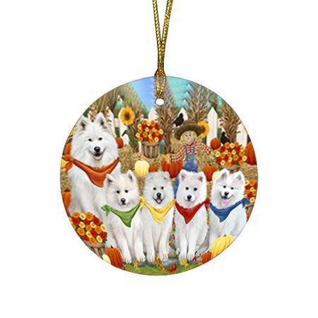 Fall Festive Gathering Samoyeds Dog with Pumpkins Round Flat Christmas Ornament RFPOR50779