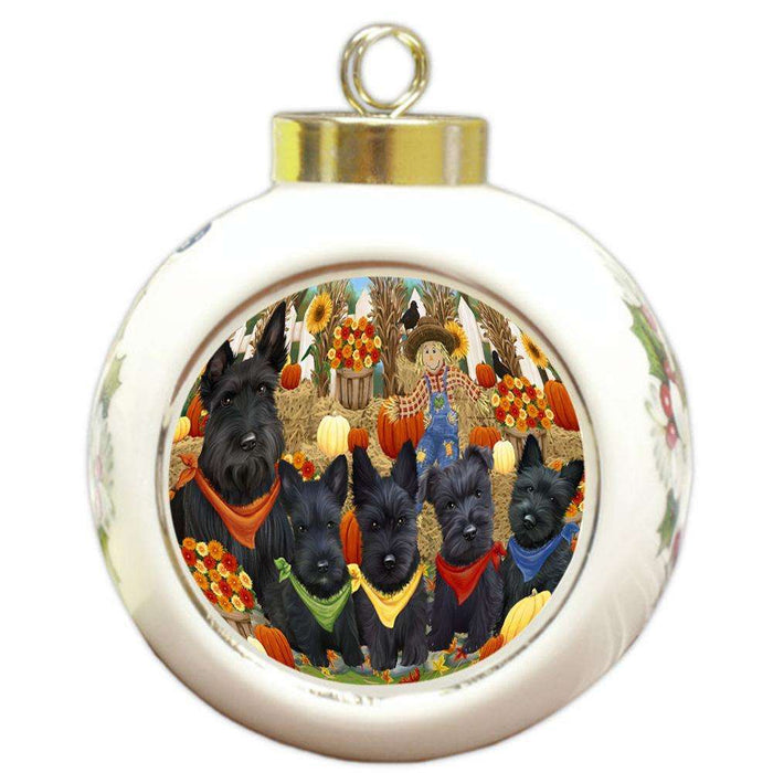 Fall Festive Gathering Scottish Terriers Dog with Pumpkins Round Ball Christmas Ornament RBPOR50790