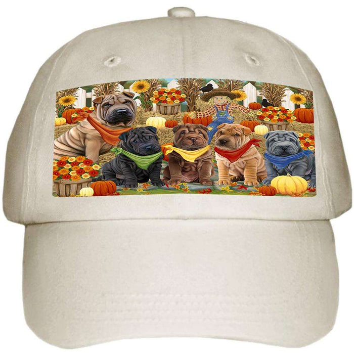 Fall Festive Gathering Shar Peis Dog with Pumpkins Ball Hat Cap HAT56142