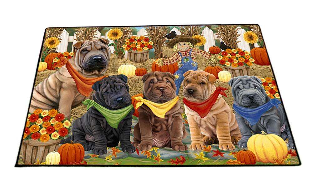 Fall Festive Gathering Shar Peis Dog with Pumpkins Floormat FLMS50796
