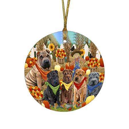 Fall Festive Gathering Shar Peis Dog with Pumpkins Round Flat Christmas Ornament RFPOR50782