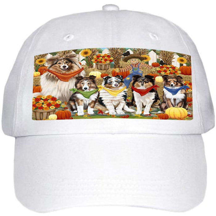 Fall Festive Gathering Shetland Sheepdogs with Pumpkins Ball Hat Cap HAT56145