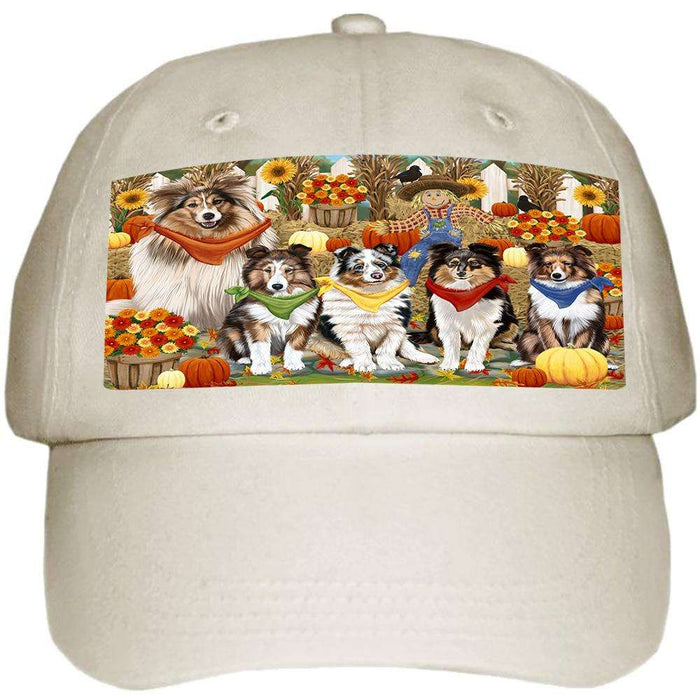 Fall Festive Gathering Shetland Sheepdogs with Pumpkins Ball Hat Cap HAT56145