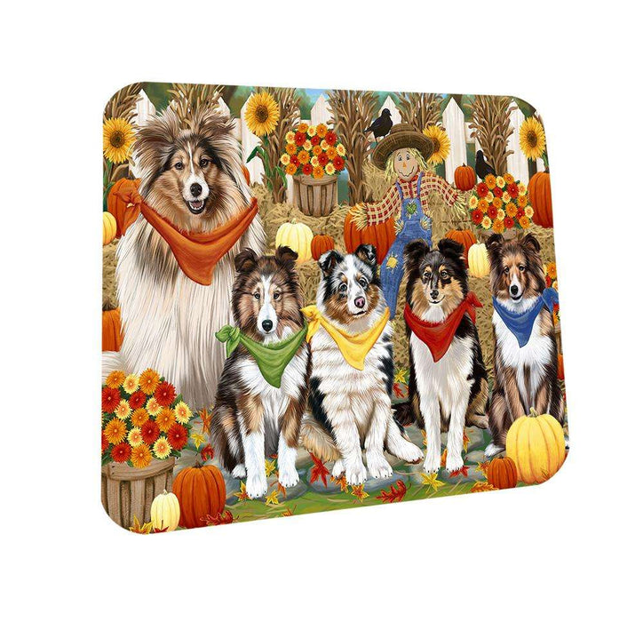 Fall Festive Gathering Shetland Sheepdogs with Pumpkins Coasters Set of 4 CST50751
