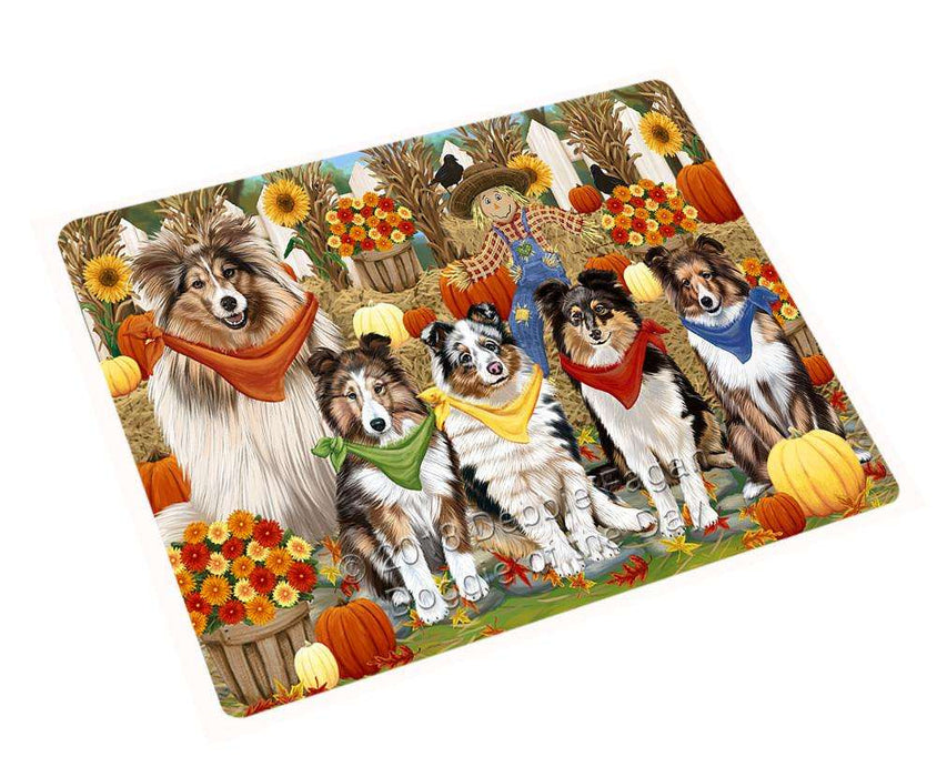 Fall Festive Gathering Shetland Sheepdogs with Pumpkins Cutting Board C56436
