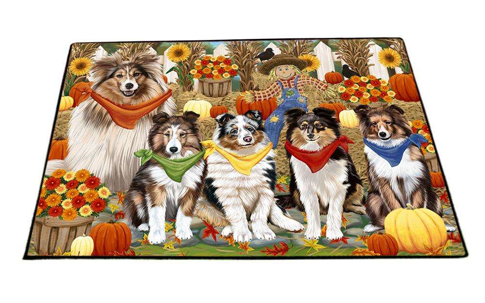 Fall Festive Gathering Shetland Sheepdogs with Pumpkins Floormat FLMS50799