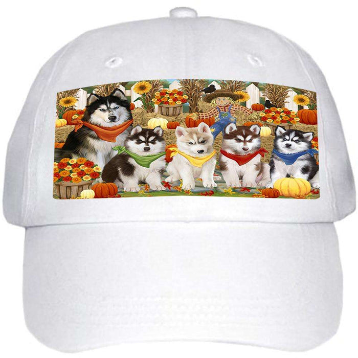 Fall Festive Gathering Siberian Huskies Dog with Pumpkins Ball Hat Cap HAT56154