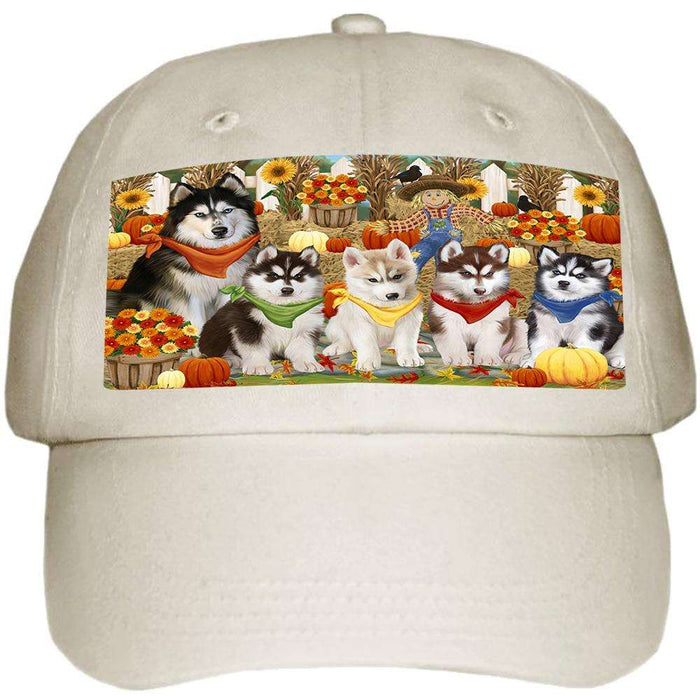 Fall Festive Gathering Siberian Huskies Dog with Pumpkins Ball Hat Cap HAT56154