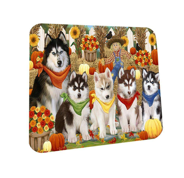 Fall Festive Gathering Siberian Huskies Dog with Pumpkins Coasters Set of 4 CST50754