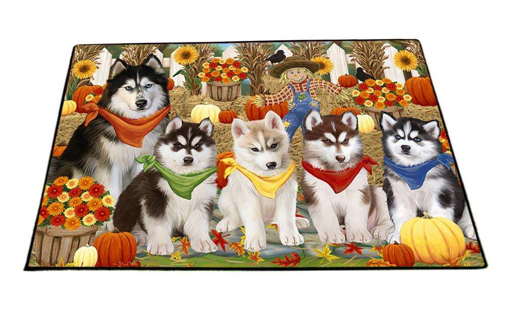 Fall Festive Gathering Siberian Huskies Dog with Pumpkins Floormat FLMS50808