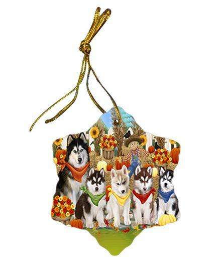 Fall Festive Gathering Siberian Huskies Dog with Pumpkins Star Porcelain Ornament SPOR50787