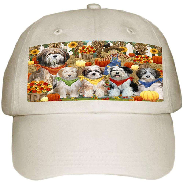 Fall Festive Gathering Tibetan Terriers Dog with Pumpkins Ball Hat Cap HAT56157