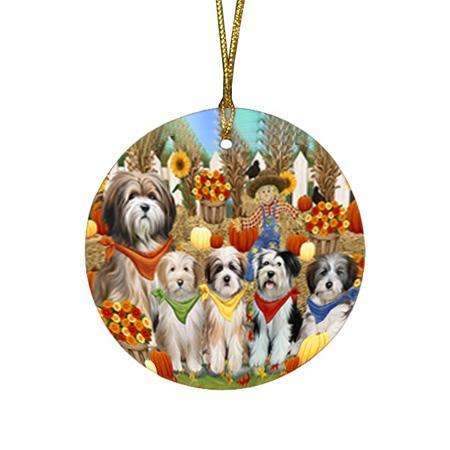 Fall Festive Gathering Tibetan Terriers Dog with Pumpkins Round Flat Christmas Ornament RFPOR50787