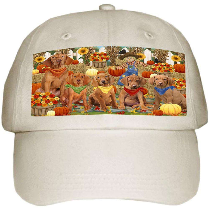 Fall Festive Gathering Vizslas Dog with Pumpkins Ball Hat Cap HAT56163