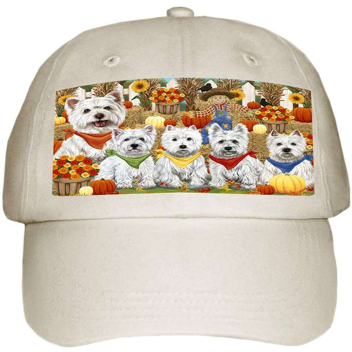 Fall Festive Gathering West Highland Terriers Dog with Pumpkins Ball Hat Cap HAT56169