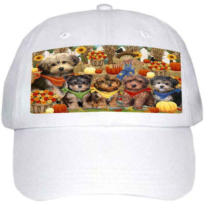 Fall Festive Gathering Yorkipoos Dog with Pumpkins Ball Hat Cap HAT56172