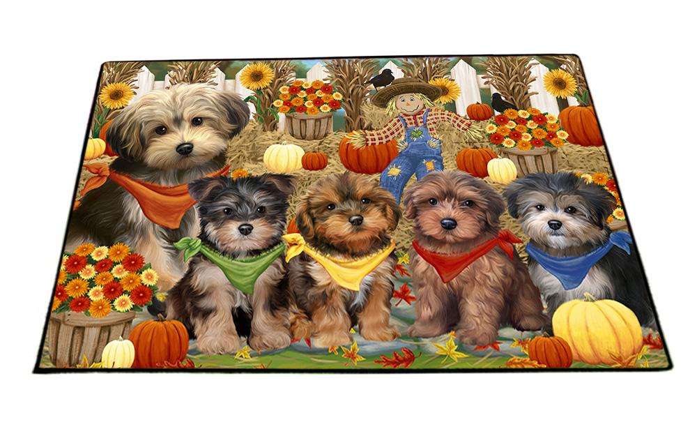Fall Festive Gathering Yorkipoos Dog with Pumpkins Floormat FLMS50826