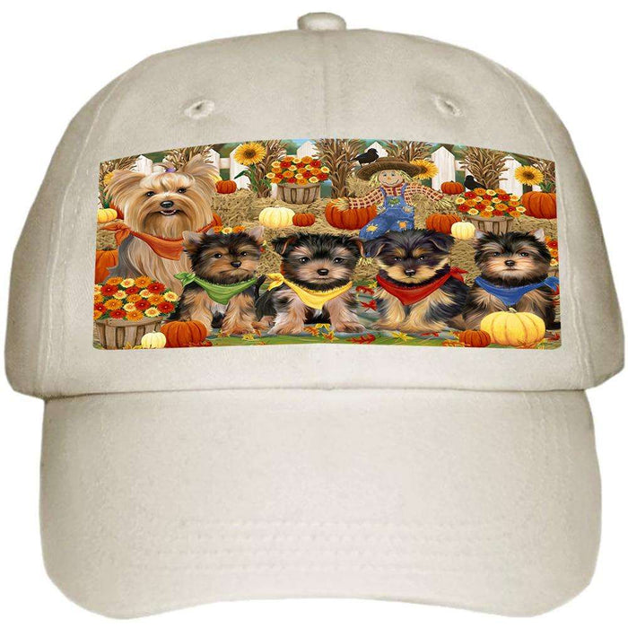 Fall Festive Gathering Yorkshire Terriers Dog with Pumpkins Ball Hat Cap HAT56175