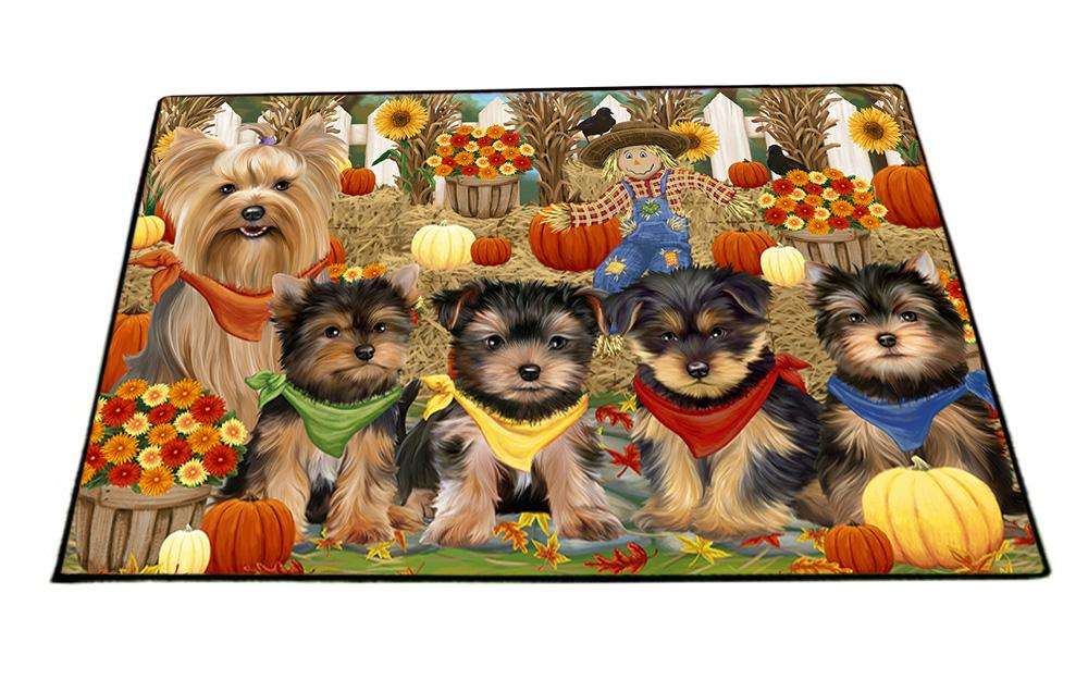 Fall Festive Gathering Yorkshire Terriers Dog with Pumpkins Floormat FLMS50829