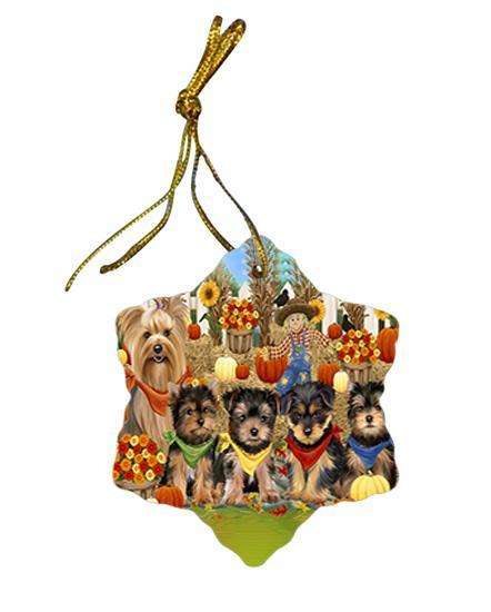 Fall Festive Gathering Yorkshire Terriers Dog with Pumpkins Star Porcelain Ornament SPOR50794