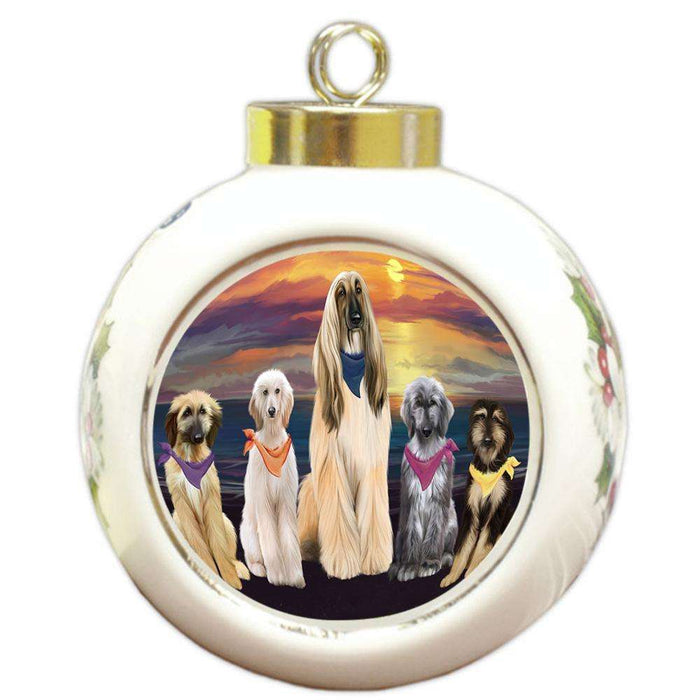 Family Sunset Portrait Afghan Hounds Dog Round Ball Christmas Ornament RBPOR52475