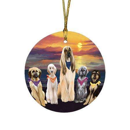 Family Sunset Portrait Afghan Hounds Dog Round Flat Christmas Ornament RFPOR52466