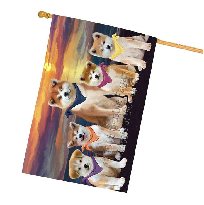 Family Sunset Portrait Akitas Dog House Flag FLG52557