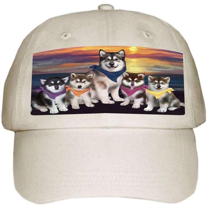 Family Sunset Portrait Alaskan Malamutes Dog Ball Hat Cap HAT54414