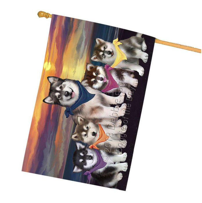 Family Sunset Portrait Alaskan Malamutes Dog House Flag FLG50244