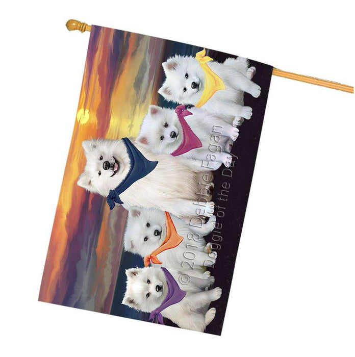 Family Sunset Portrait American Eskimos Dog House Flag FLG50245