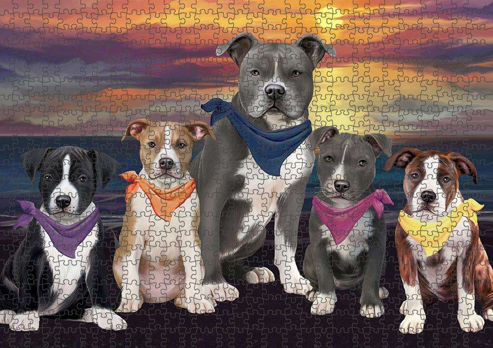 Family Sunset Portrait American Staffordshire Terriers Dog Puzzle with Photo Tin PUZL61362