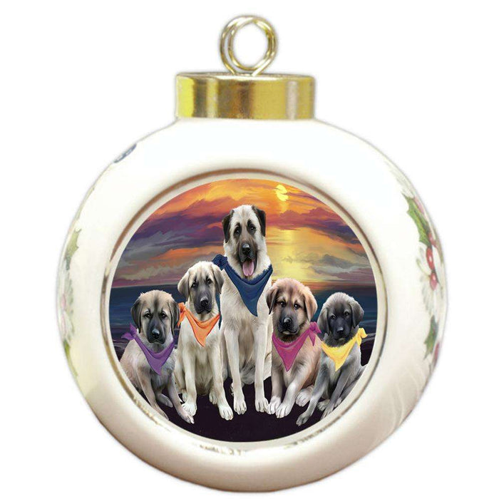 Family Sunset Portrait Anatolian Shepherds Dog Round Ball Christmas Ornament RBPOR50223