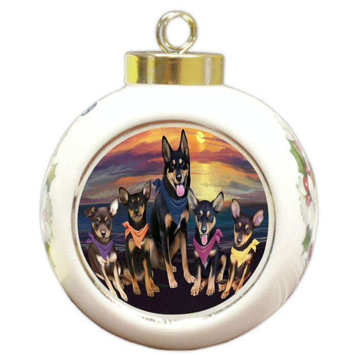 Family Sunset Portrait Australian Kelpies Dog Round Ball Christmas Ornament RBPOR50225