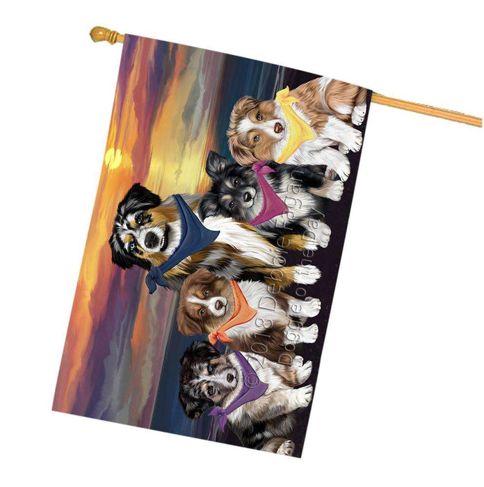 Family Sunset Portrait Australian Shepherds Dog House Flag FLG50249