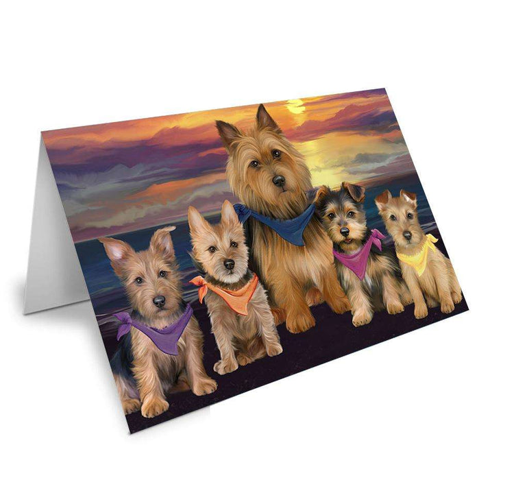 Family Sunset Portrait Australian Terriers Dog Handmade Artwork Assorted Pets Greeting Cards and Note Cards with Envelopes for All Occasions and Holiday Seasons GCD61463